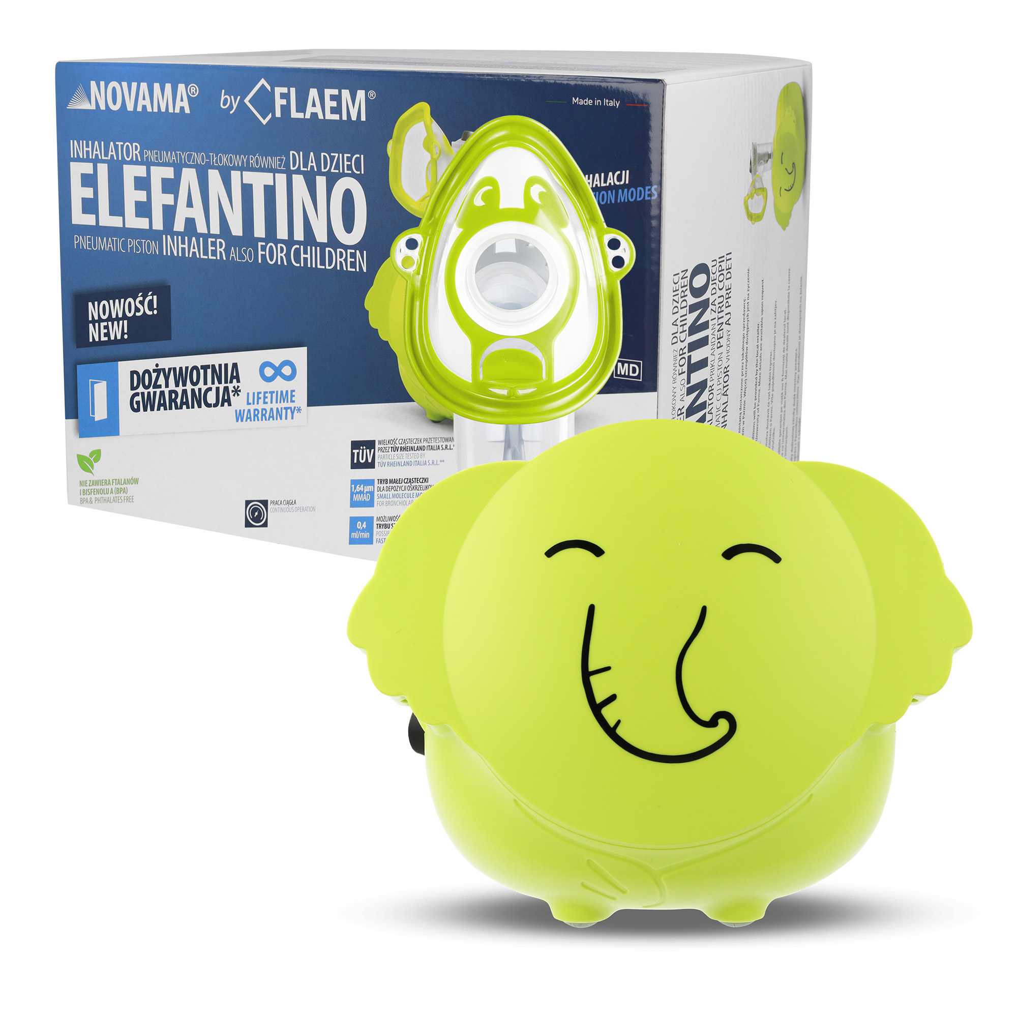 NOVAMA ELEFANTINO Inhalator tłokowy dla dzieci, solidny i cichy, 2 maski