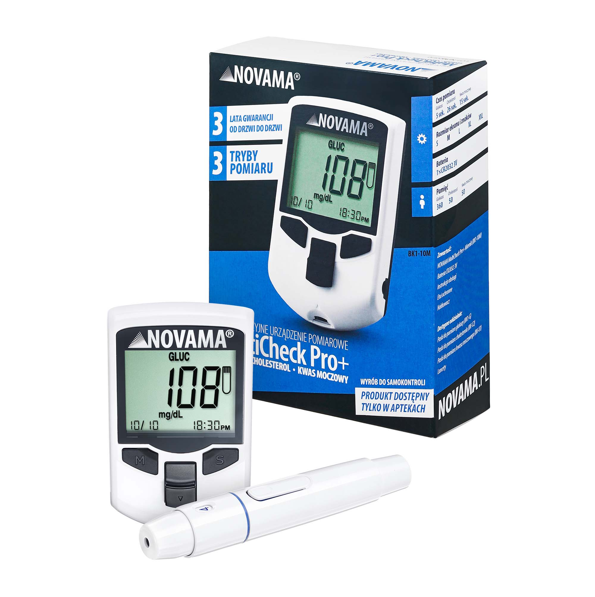NOVAMA MULTICHECK PRO+ Analizator krwi 3w1 glukoza, cholesterol, kwas moczowy - obrazek 3