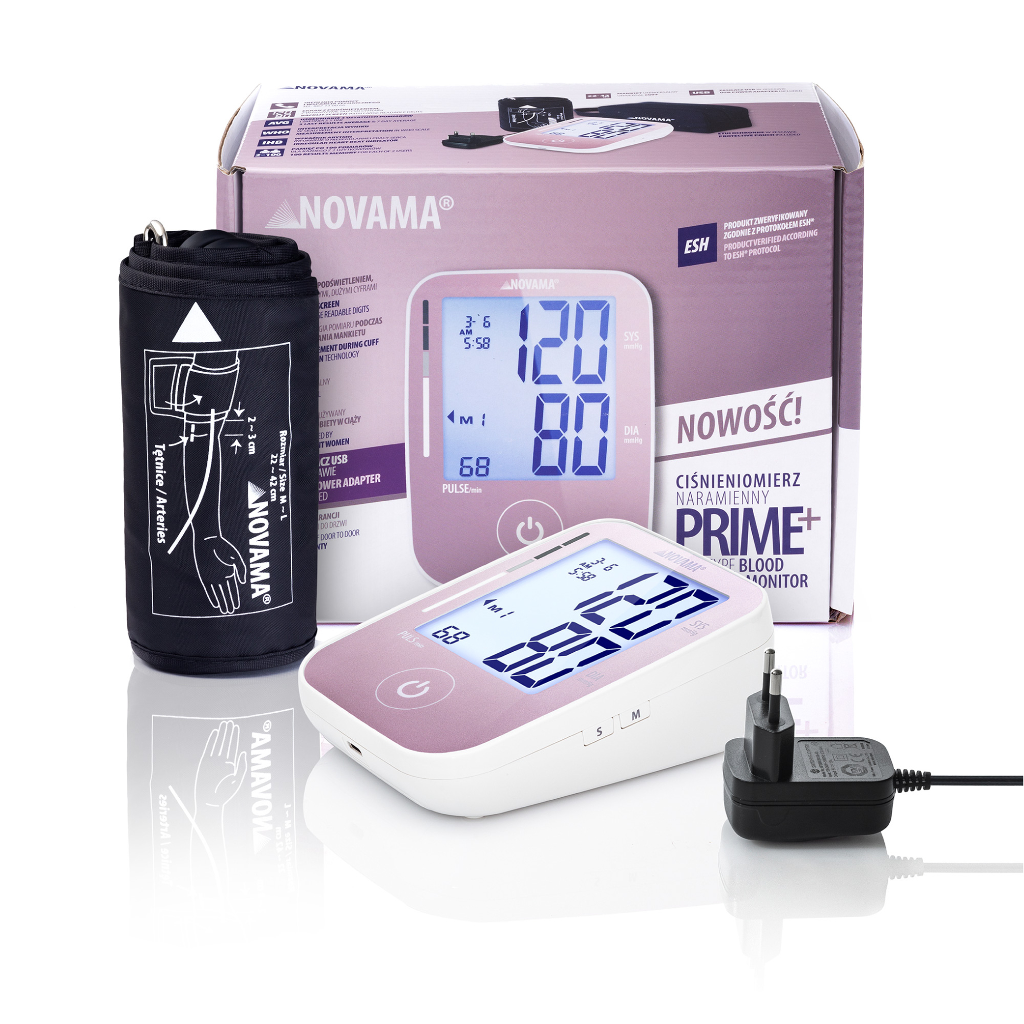 NOVAMA PRIME+ PINK Z ZASILACZEM Ciśnieniomierz naramienny z zasilaczem, dokładność ESH