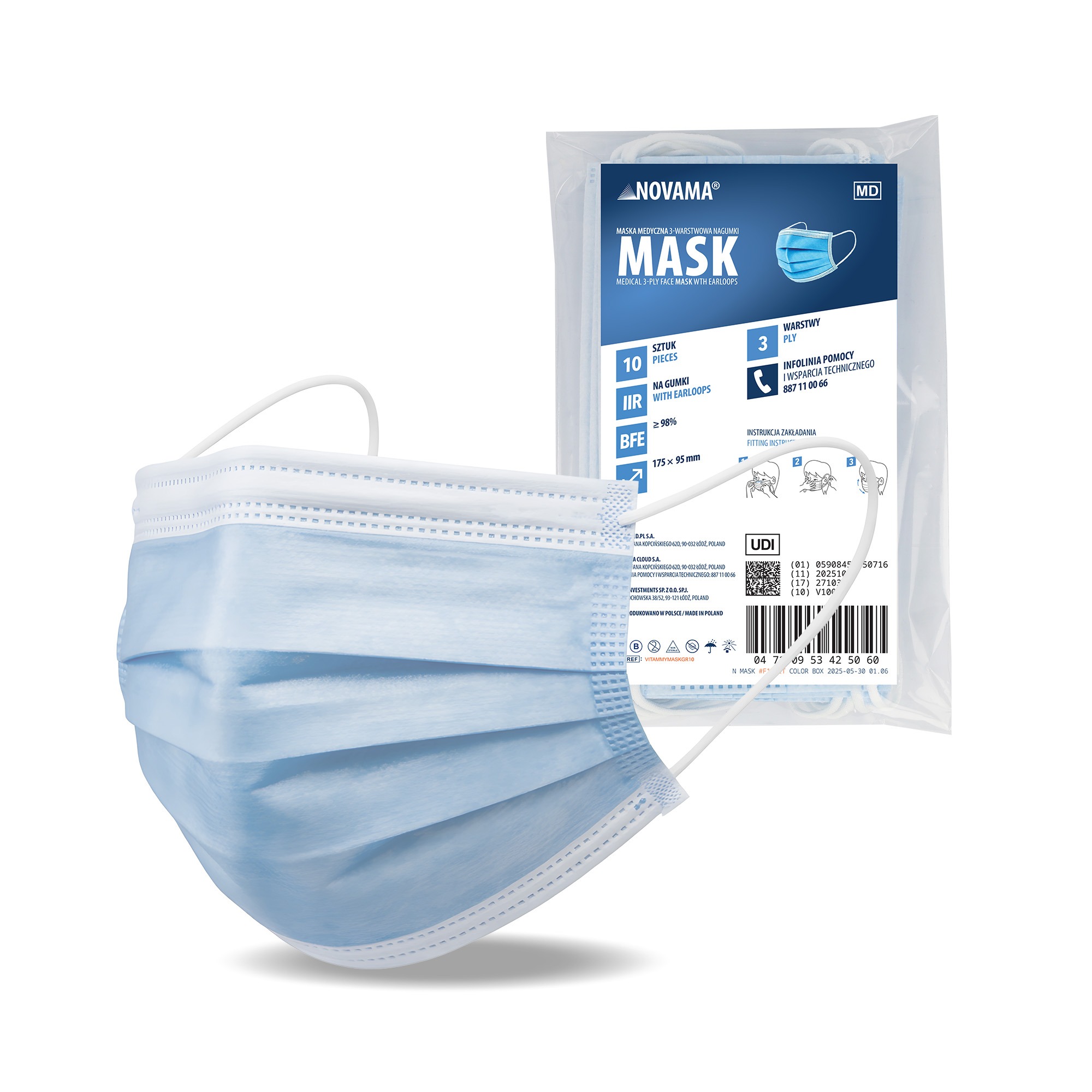 NOVAMA MASK - maska medyczna 3-warstwowa na gumki, 120 opakowań po 10 szt