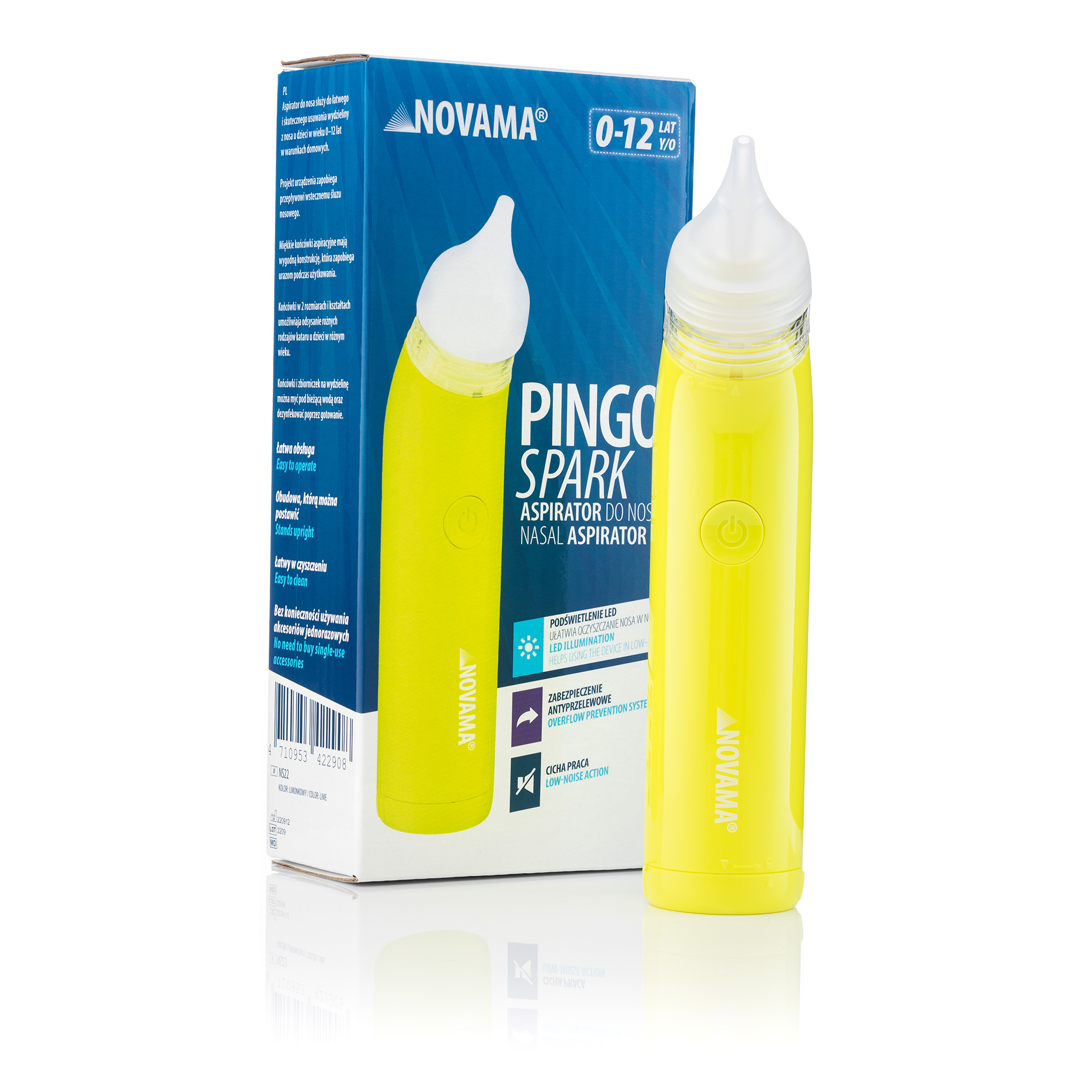 NOVAMA PINGO SPARK LIME GREEN Aspirator do nosa z podświetlaną końcówką, tryb nocny