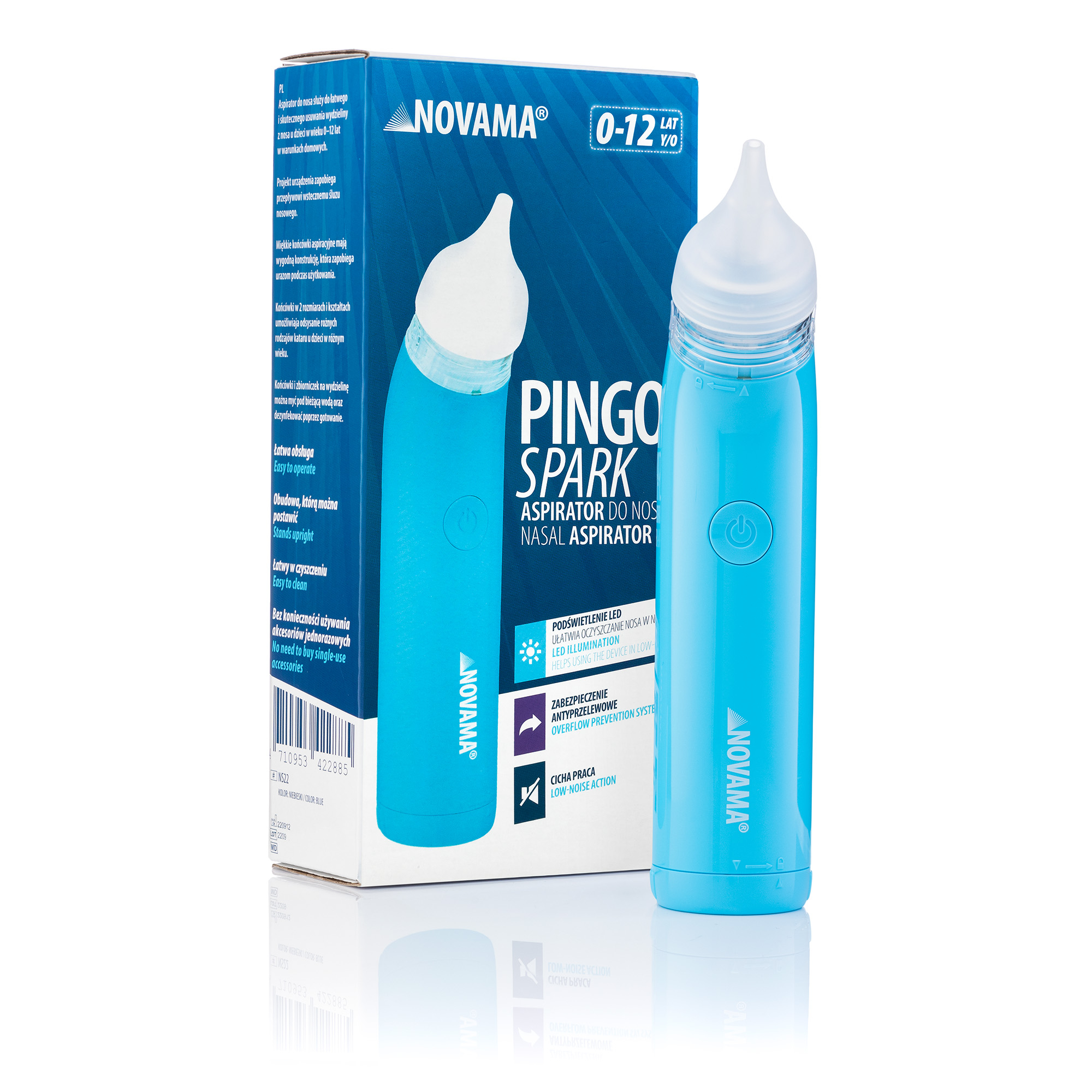 NOVAMA PINGO SPARK BLUE Aspirator do nosa z podświetleniem, cichy i lekki