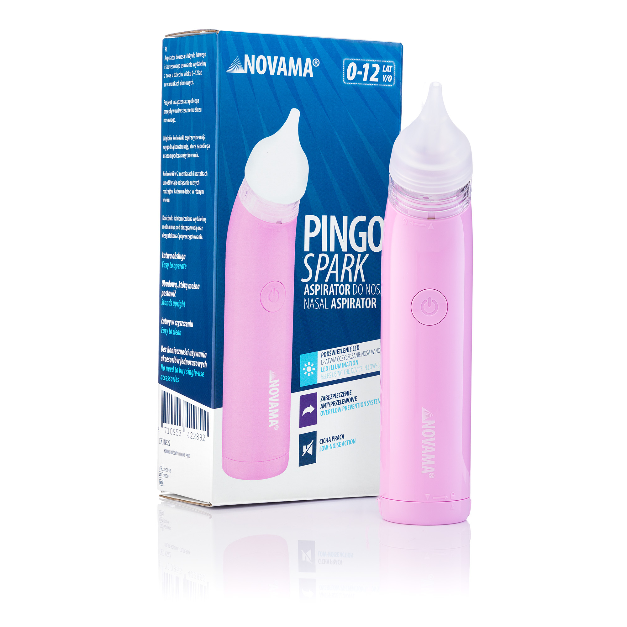NOVAMA PINGO SPARK PASTEL PINK Aspirator do nosa z podświetlaną końcówką, tryb nocny