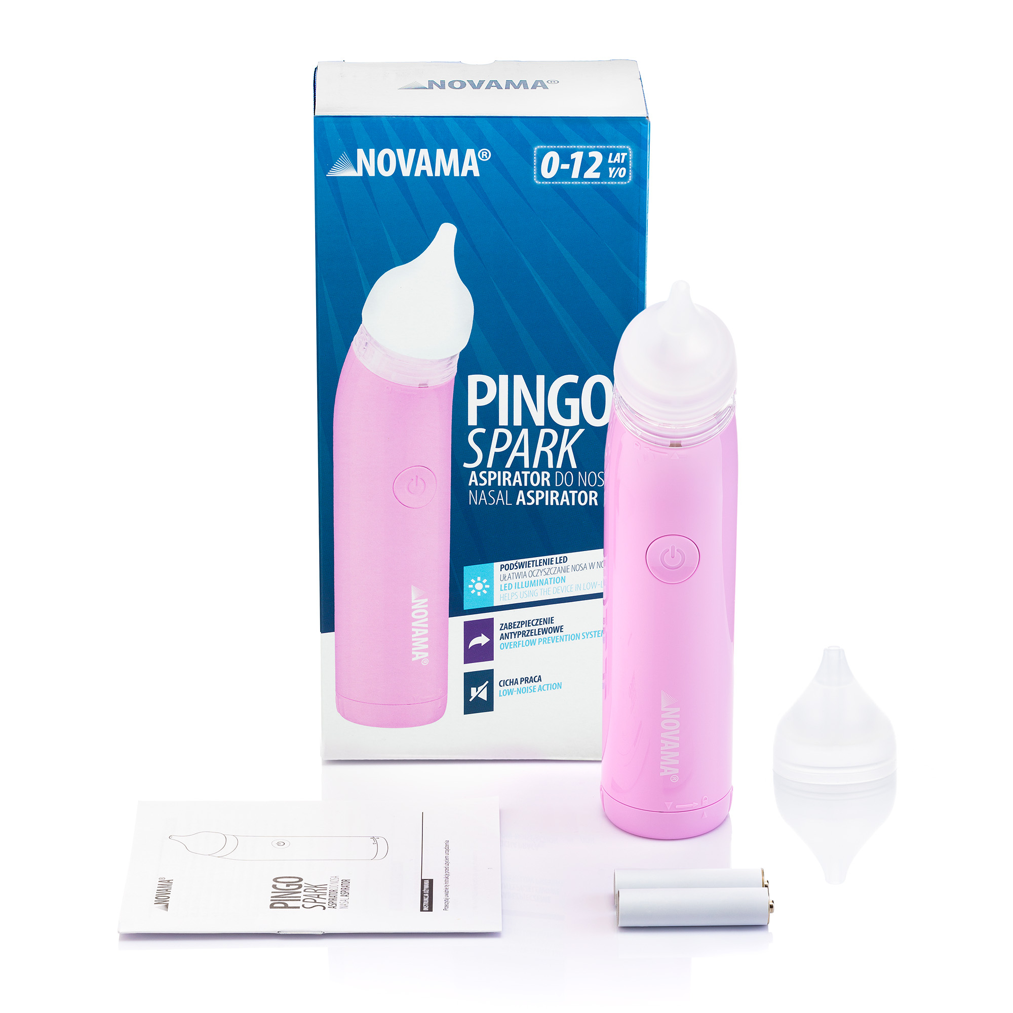 NOVAMA PINGO SPARK PASTEL PINK Aspirator do nosa z podświetlaną końcówką, tryb nocny - obrazek 3
