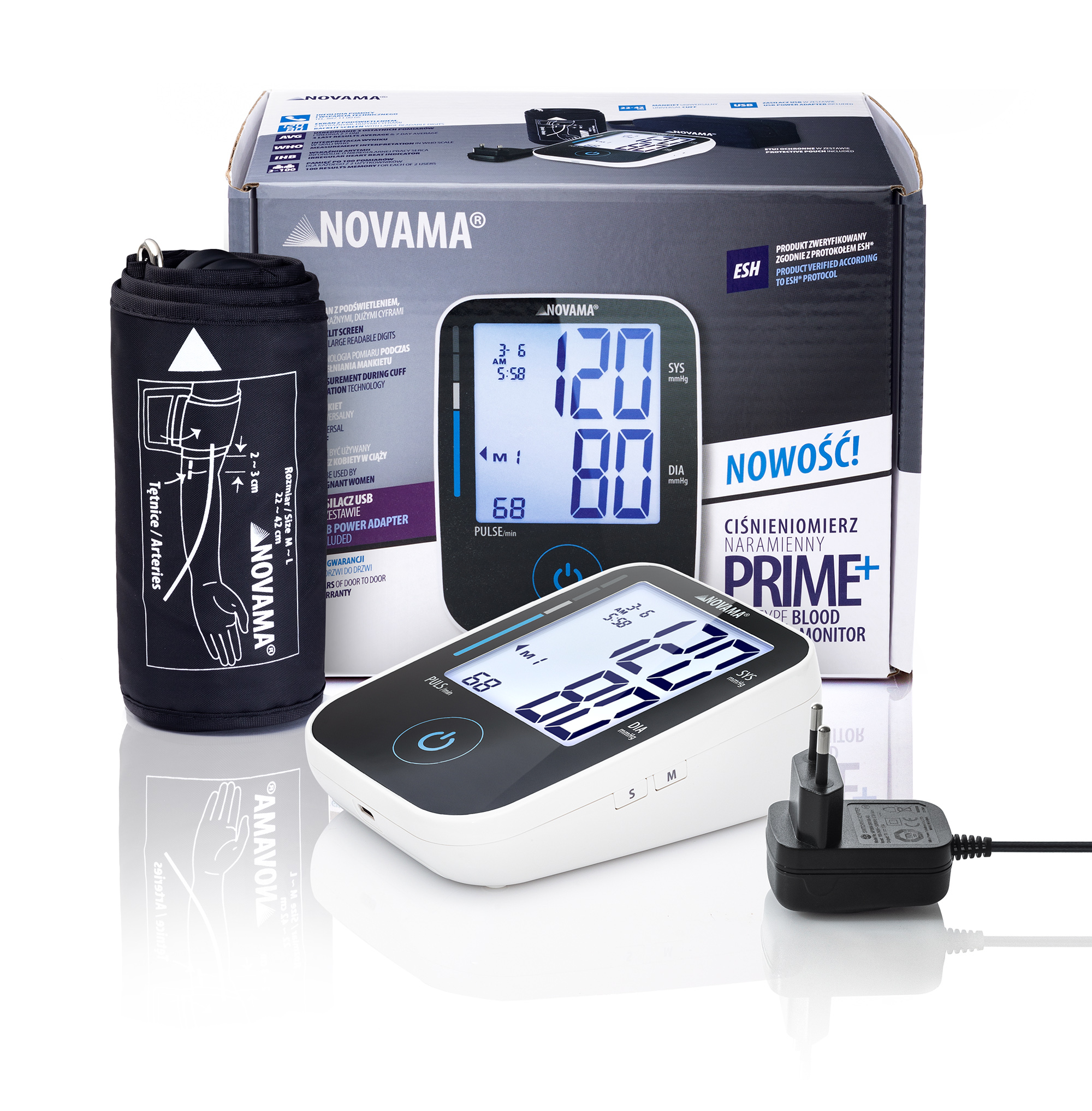 NOVAMA PRIME+ BLACK Z ZASILACZEM Ciśnieniomierz naramienny z zasilaczem, wykrywa arytmię