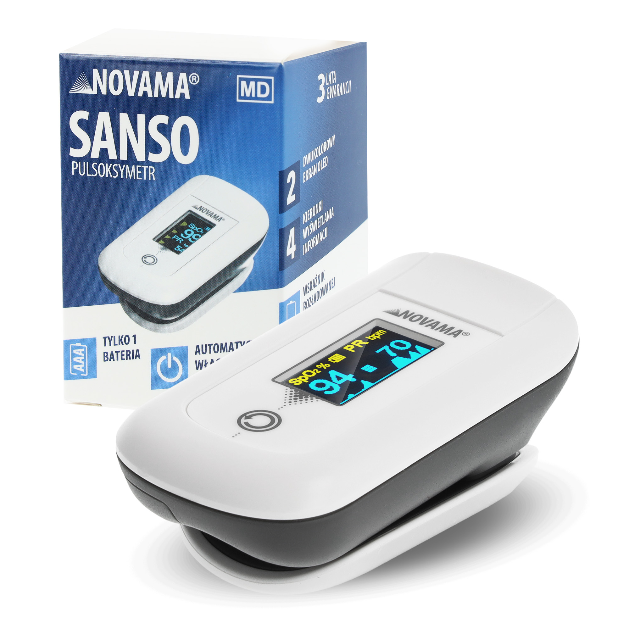 NOVAMA SANSO Pulsoksymetr napalcowy, kompaktowy z ekranem OLED i detekcją ruchu