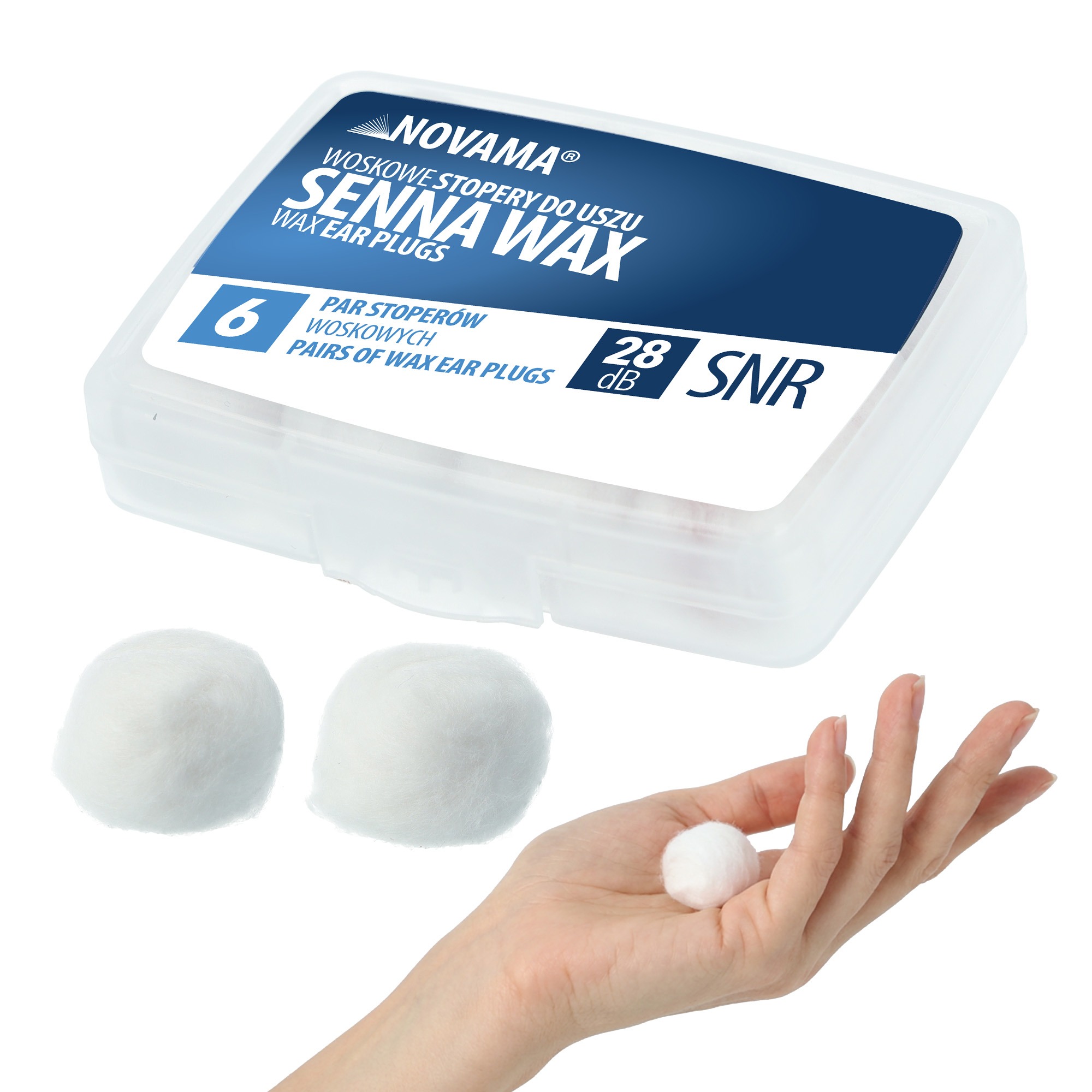 NOVAMA SENNA WAX Woskowe zatyczki do uszu, stopery do uszu, 6 par, praktyczne etui