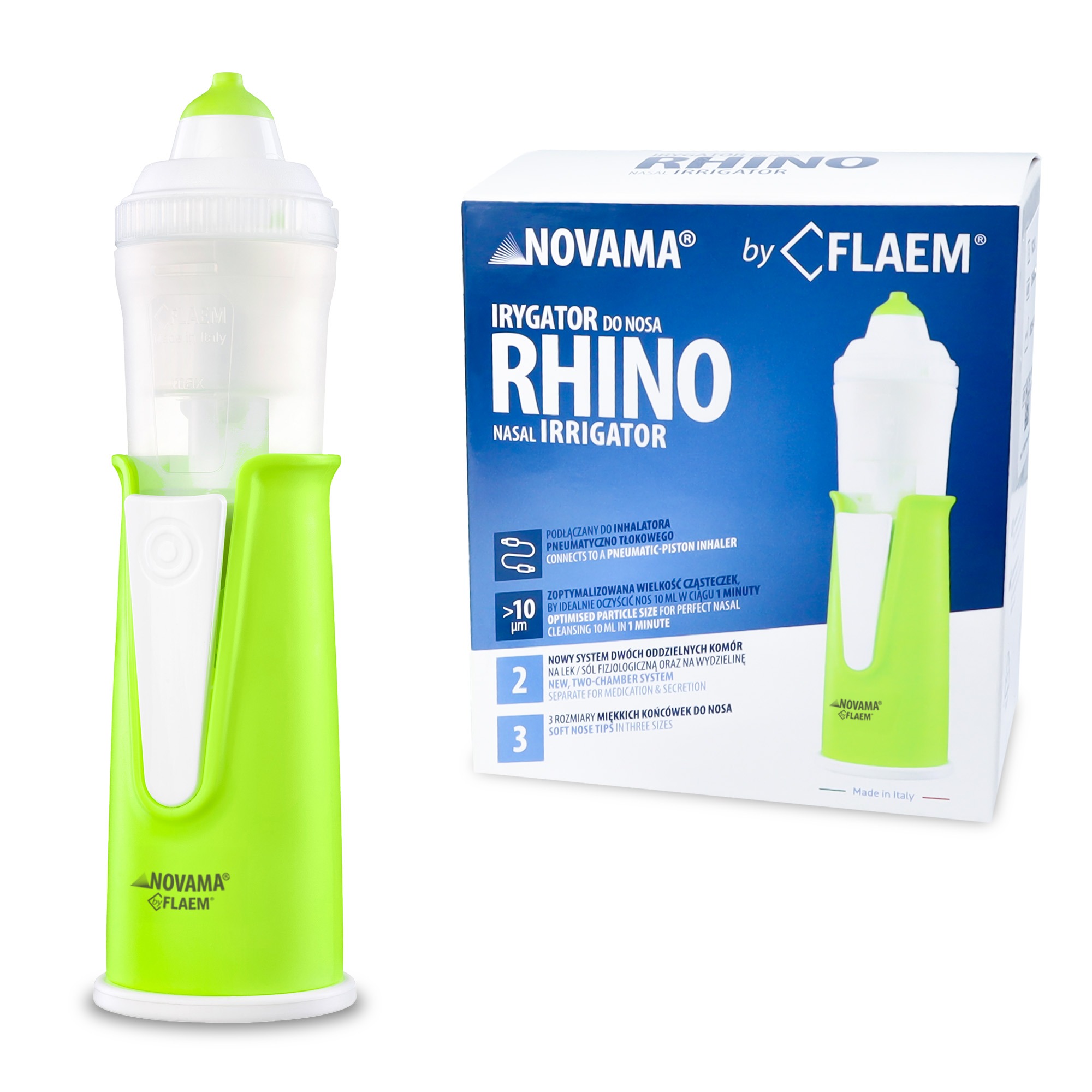 NOVAMA RHINO BY FLAEM Irygator do nosa do czyszczenia zatok, 3 końcówki w zestawie